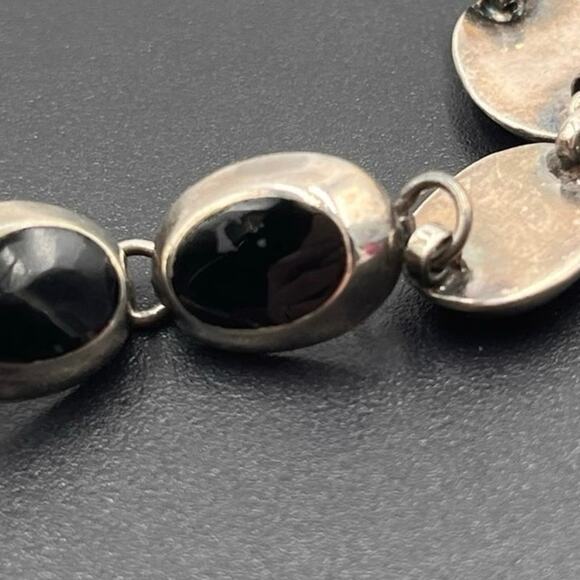 Sterling Silver 925 Vintage Ten Oval Onyx Inlay Linked Bracelet 15.7 Gram, Sz 7 - Picture 9 of 11